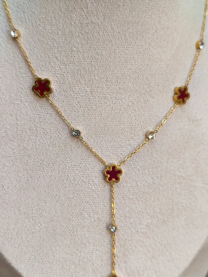 Pendentif doré en Y avec trèfles rouges nacrés - photo numéro 2