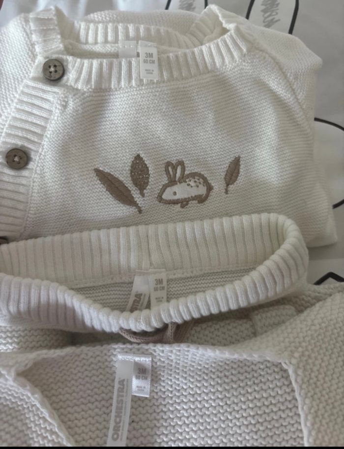 Ensemble mixte 3 pièces en tricot point mousse pour bébé taille 3 mois - photo numéro 5