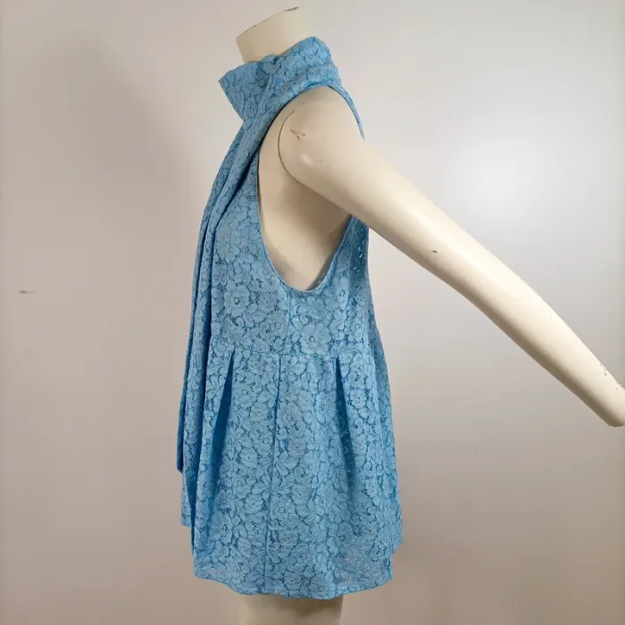 Top long tunique bleue ZARA col montant dentelle ajourée taille M sans manches mariage A1557 - photo numéro 5