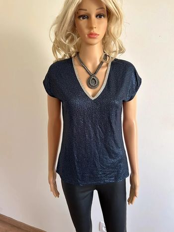 Teeshirt bleu marine brillant et argenté à manches courtes Morgan taille M TBE