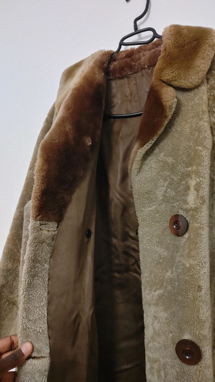 Beau manteau vintage en shearling montone peau de mouton retourné laine S M - photo numéro 6