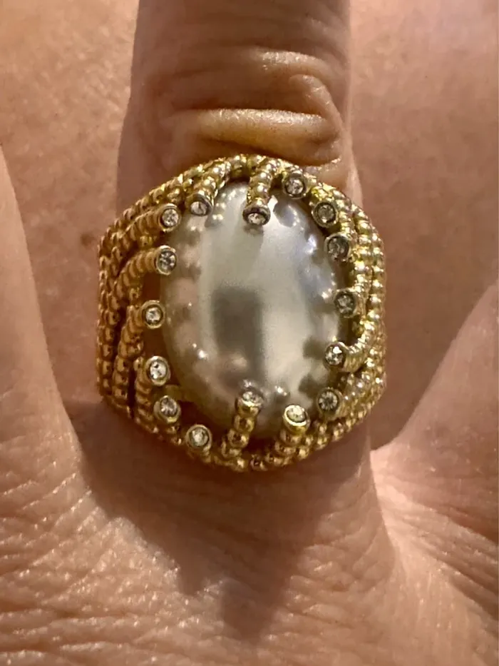 Bague réglable acier inoxydable or travaille pierre nacrée cristaux blancs habaha Paris - photo numéro 4