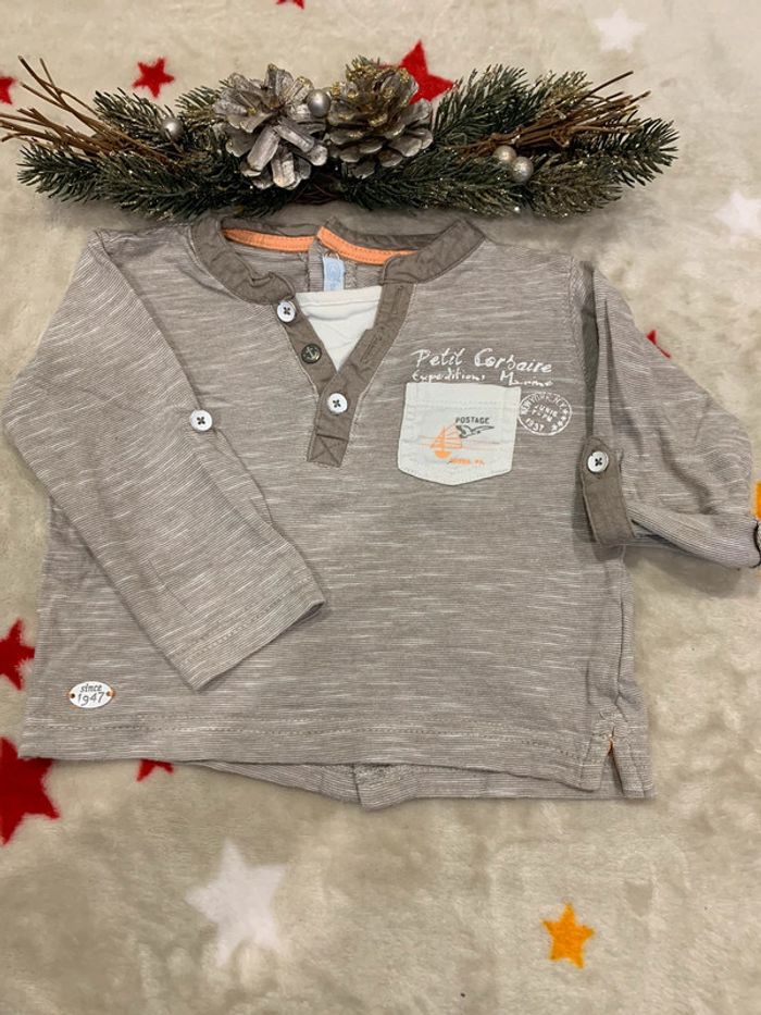 Tee-Shirt Manches Longues Gémo Taupe et Blanc 6M