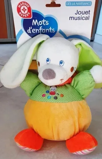 NEUF ! Peluche Lapin/Chien musical - Mots d'enfants