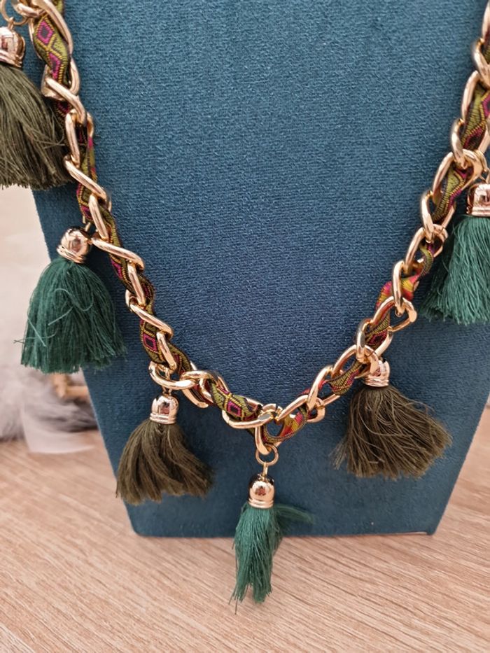 Collier Sautoir Boheme Doré Pompons Verts Ruban Multicolore - photo numéro 6