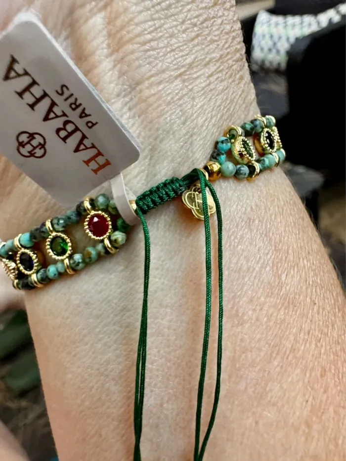 Bracelet manchette fils tissés pierres malachite cristaux couleurs acier inoxydable or habaha Paris - photo numéro 3