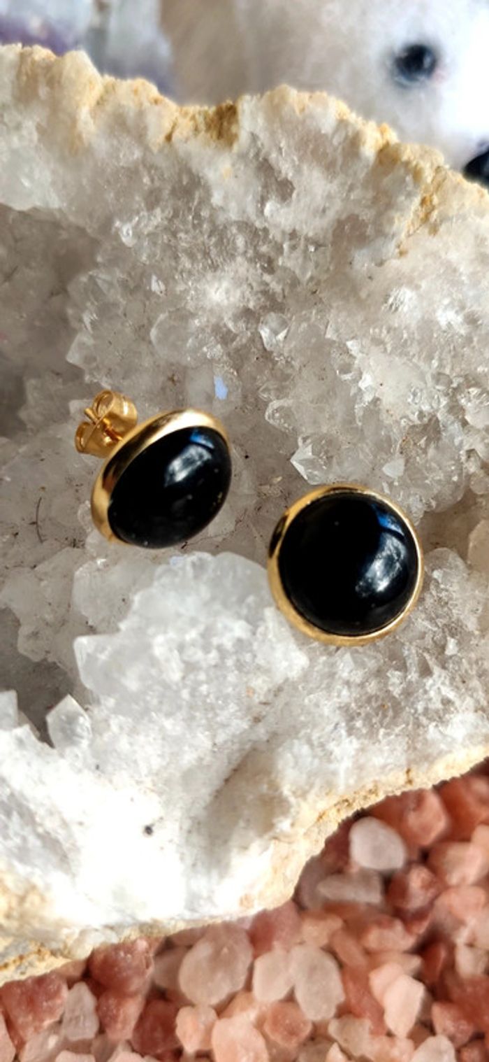 Boucles d'oreilles Clous plaqué or 18 en Obsidienne - photo numéro 2