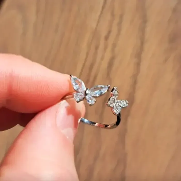 Bague réglable, 2 papillons, couleur argentée - photo numéro 2