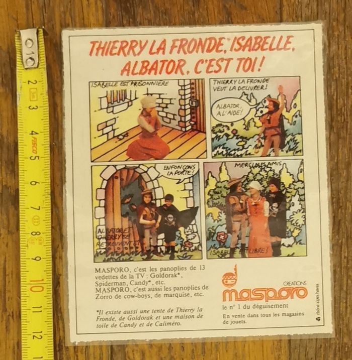 Ancienne petite publicité plastifiée déguisements Albator Thierry la fronde Vintage