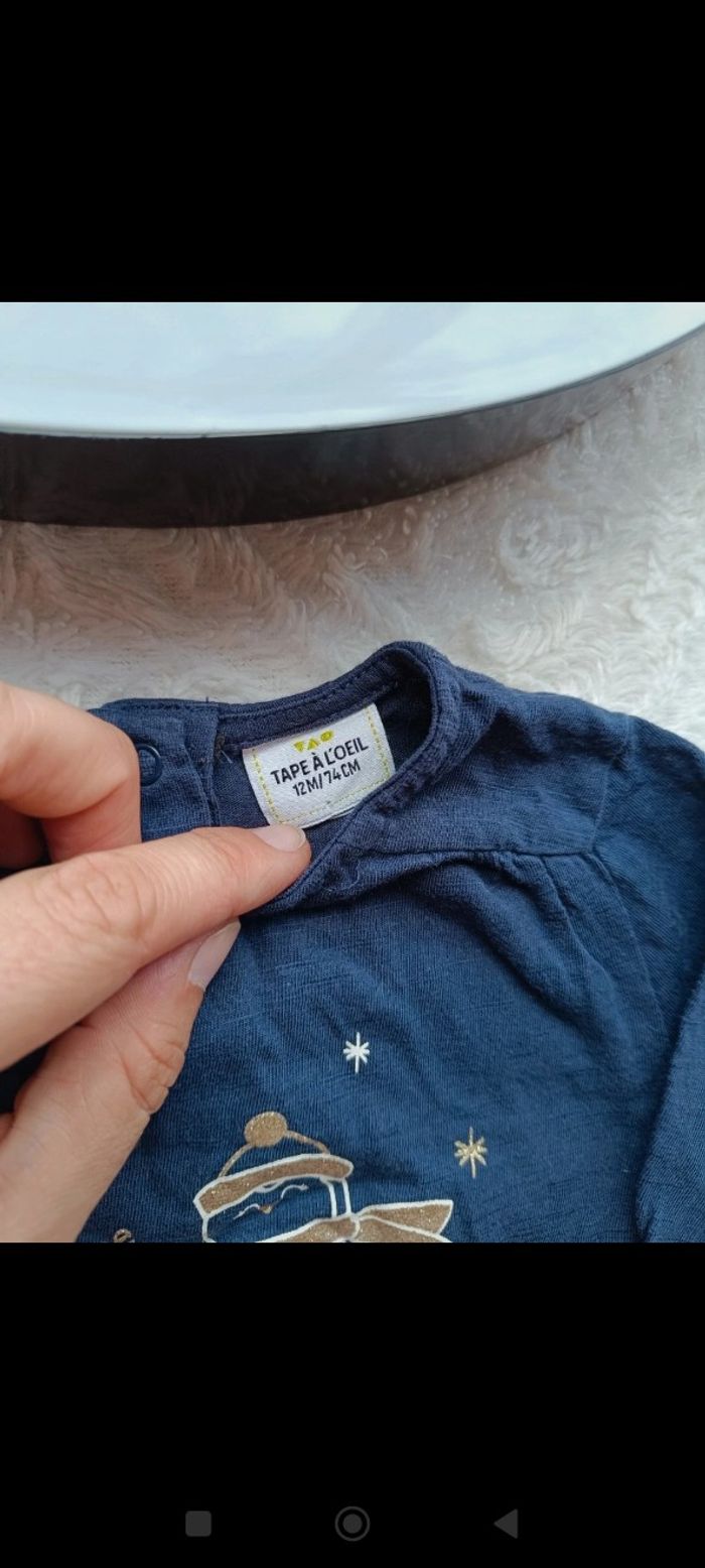 Tee shirt chemise manches longues Fille 12 mois pingouin Noël avalanche d'étoiles Tao 100% coton - photo numéro 6