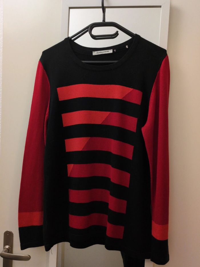 Pull coton vintage rouge et noir Christine Laure 3