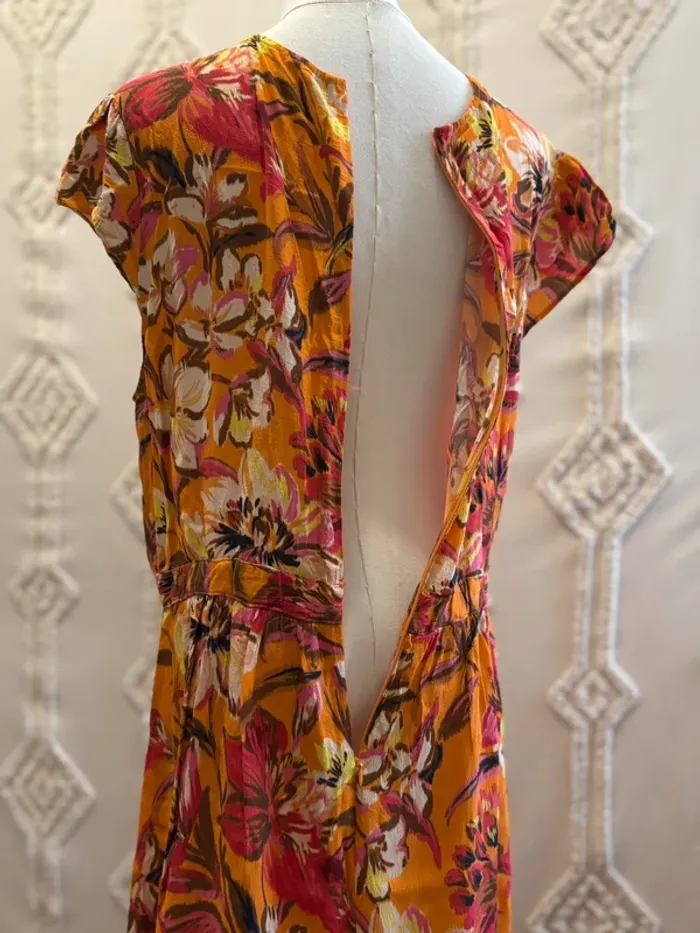 Robe portefeuille fleurie orange fuchsia – Taille 46 – cottage coquette tradwife - photo numéro 6