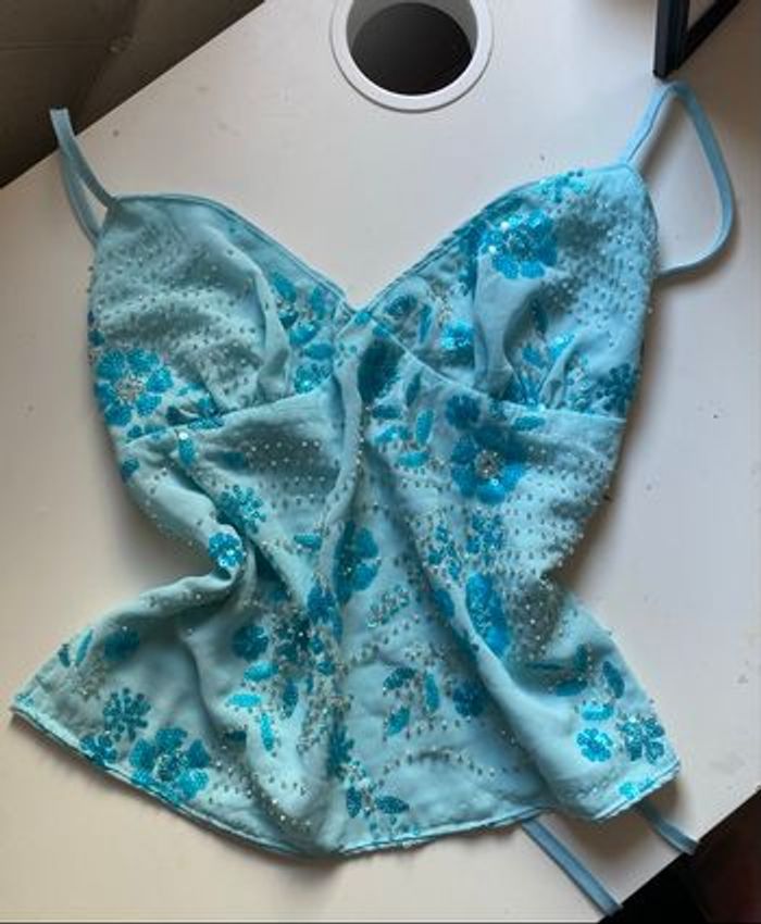 Magnifique Top À Sequin Bleu Pailette Décolle Tendance - photo numéro 1