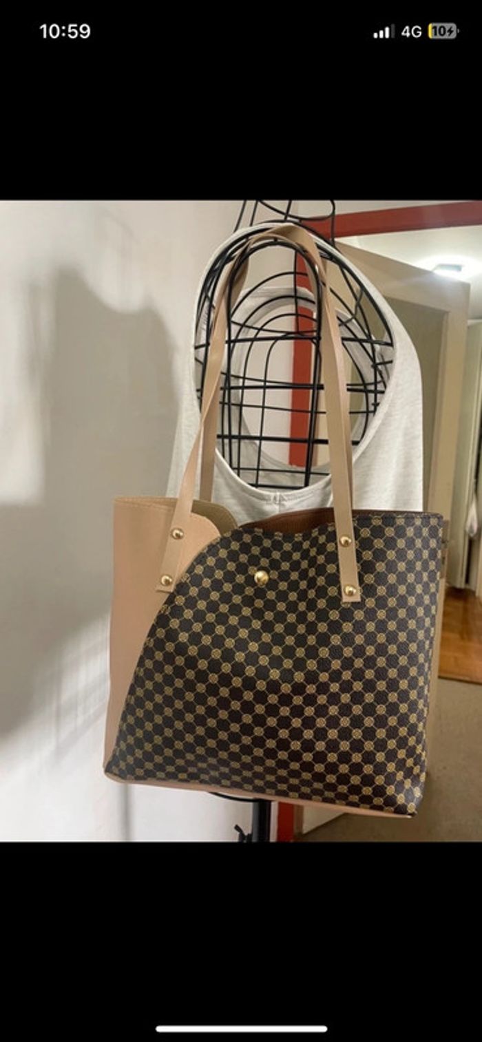 Sac fourre-tout à motif géométrique marron beige pour femme - photo numéro 3