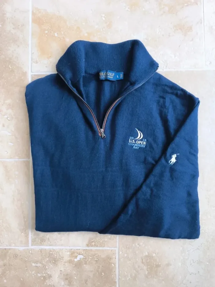 Magnifique pull quart zip laine mérino Ralph Lauren Polo Golf marine logo blanc homme L US Open 2015