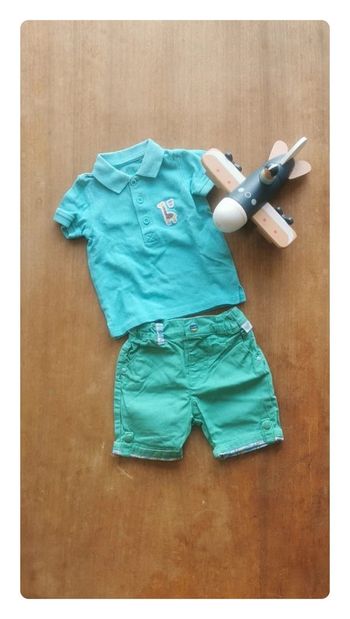 🌼 Ensemble Sergent Major été 3mois 59cm short polo Gémo été bleu vert coton garçon 👶