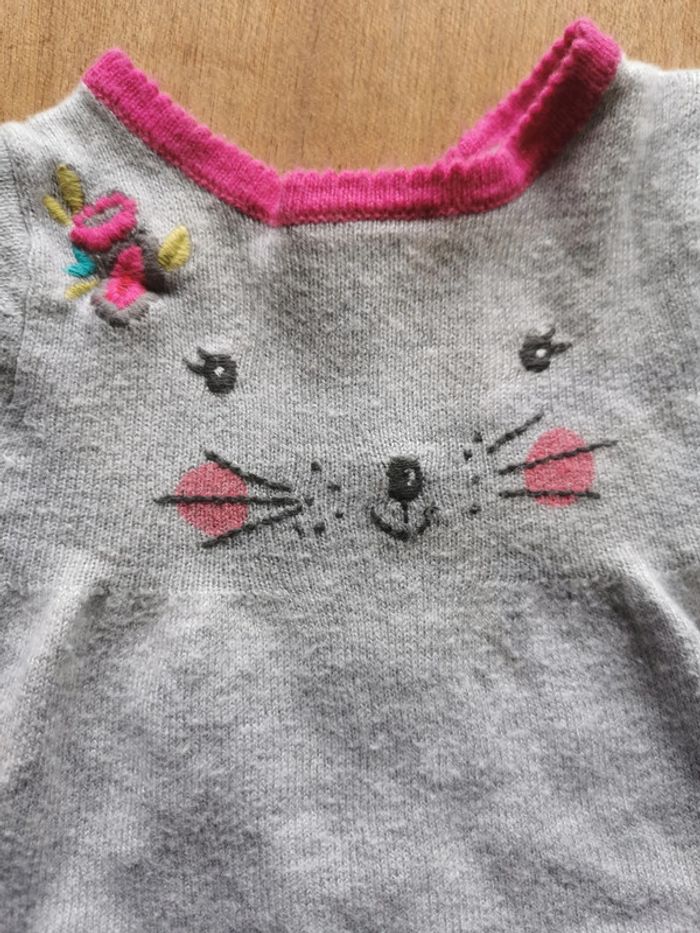 🌼 Catimini pull tout doux 🇨🇵 crée en France brodé fleurs souris gris rose 1 mois 53cm - photo numéro 2