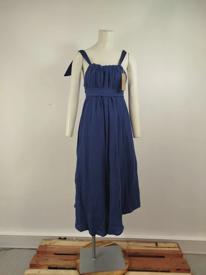 Robe longue Quintessence bleue gaze de coton made in France taille unique bretelles nouées A1615