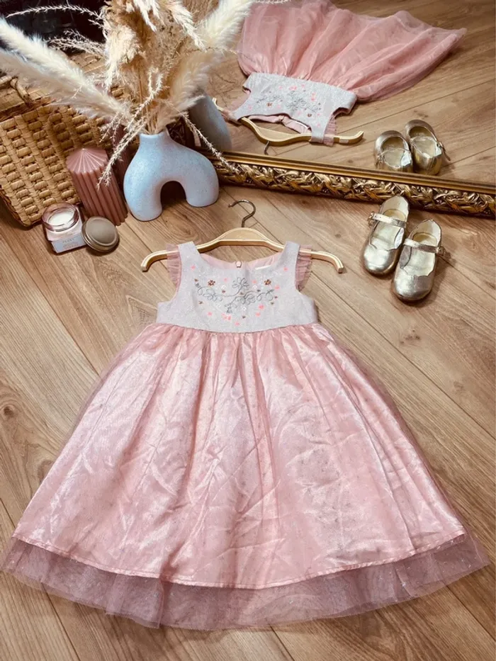 Taille 3 ans robe de cérémonie fille Orchestra rose pâle argenté * tulle étoiles broderie * 🩷