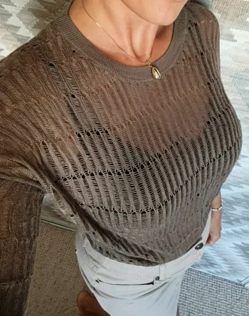 Pull léger Mango suit M beige taupe mailles écartées ajourées manches 3/4