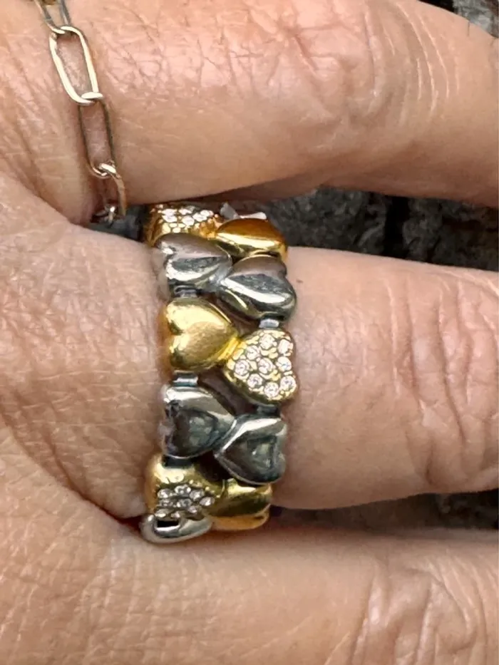 Bague large réglable cœur acier inoxydable or argent cristaux réversible