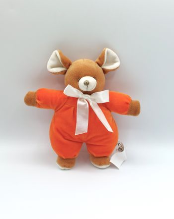 Peluche doudou souris orange beige marron GERCA nœud blanc 22 cm animaux velours