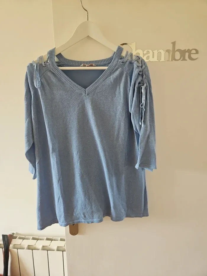 Pull bleu pailletté manches 3/4