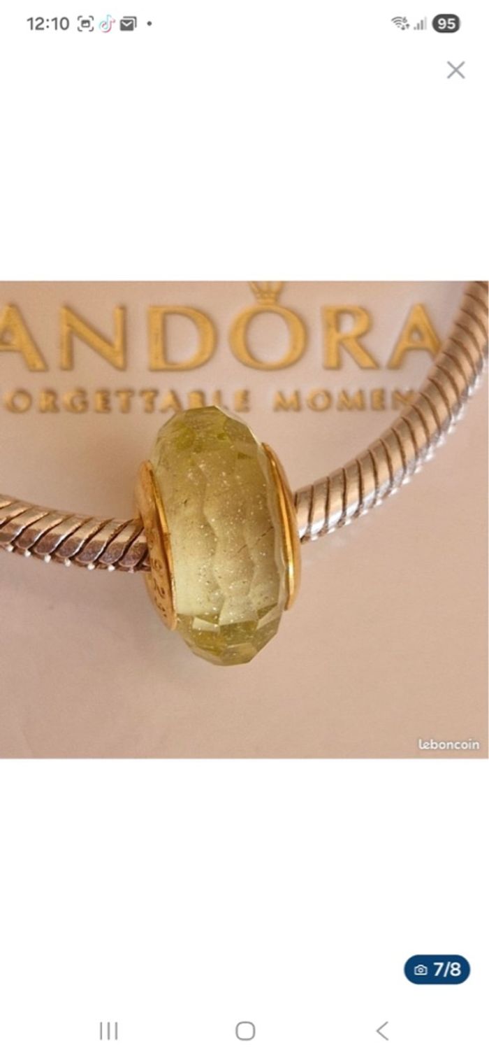 Charm compatible Pandora — verre facetté vert — argent 925 (S925) — cœur doré - photo numéro 4