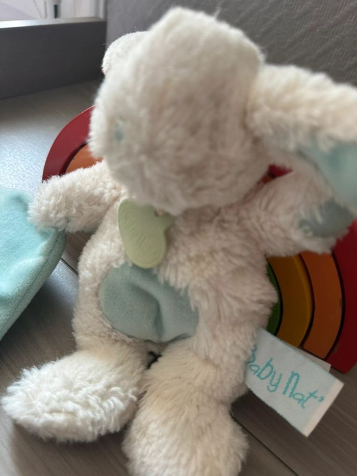 Doudou Babynat lapin pantin avec mouchoir turquoise les Câlins lapins - photo numéro 2
