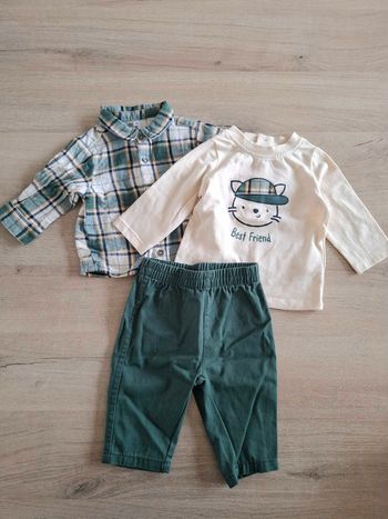Ensemble bébé chemise à carreaux, t-shirt Best Friend et pantalon vert 3 mois garçon