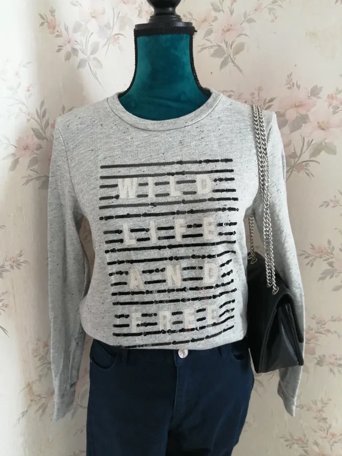 Sweat gris à message wild life and free et sequins noirs / kiabi / (M)