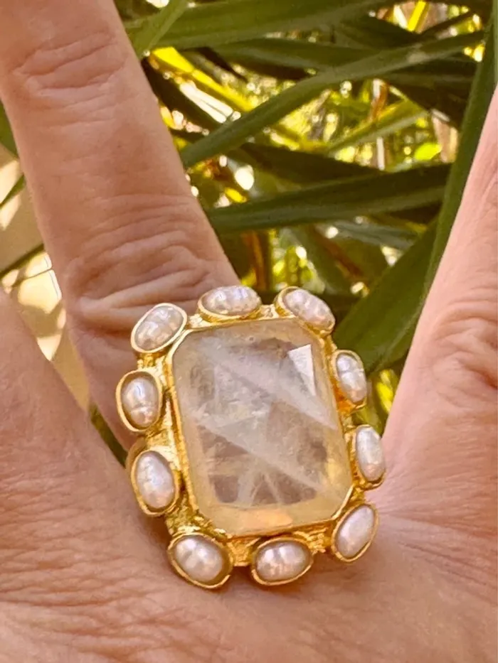 Grosse bague habaha Paris cristal de roche pierres eaux douces  acier inoxydable or réglable - photo numéro 9