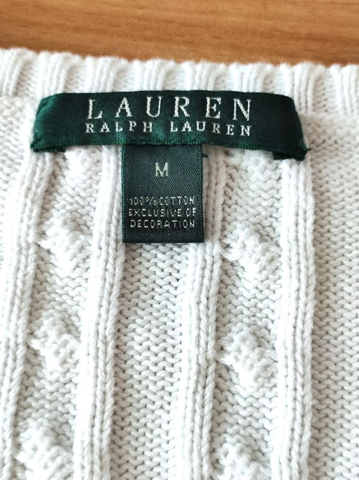 Pull irlandais col v en 100% coton blanc, Ralph Lauren t.M - photo numéro 5