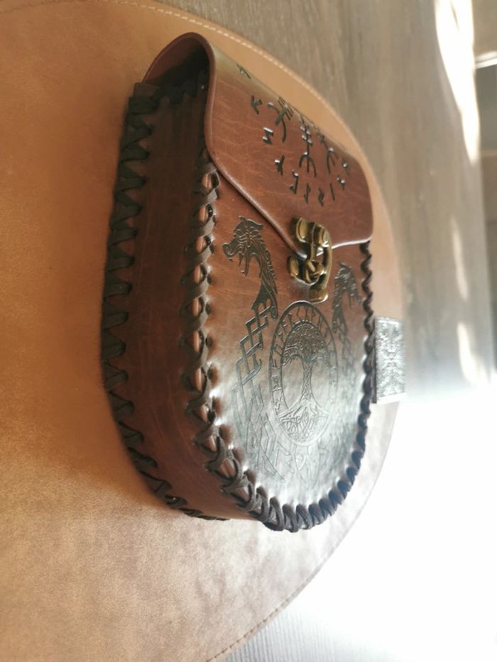 Saccoche style médiéval motifs viking marron - photo numéro 3
