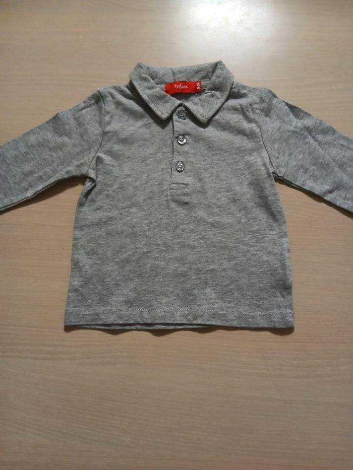 Polo bebe longue manche en coton taille 6 mois marque tissaia  couleur gris - photo numéro 2