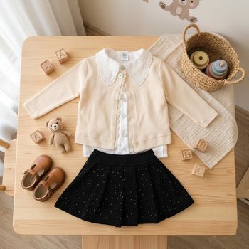 Ensemble Fille 2 Ans Adorable – Gilet, Chemisier Col Dentelle & Jupe à Strass