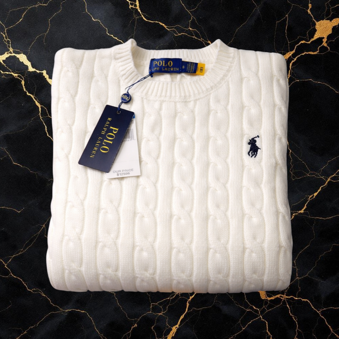 Pull Ralph Lauren Blanc Taille S col rond torsadé logo brodé noir