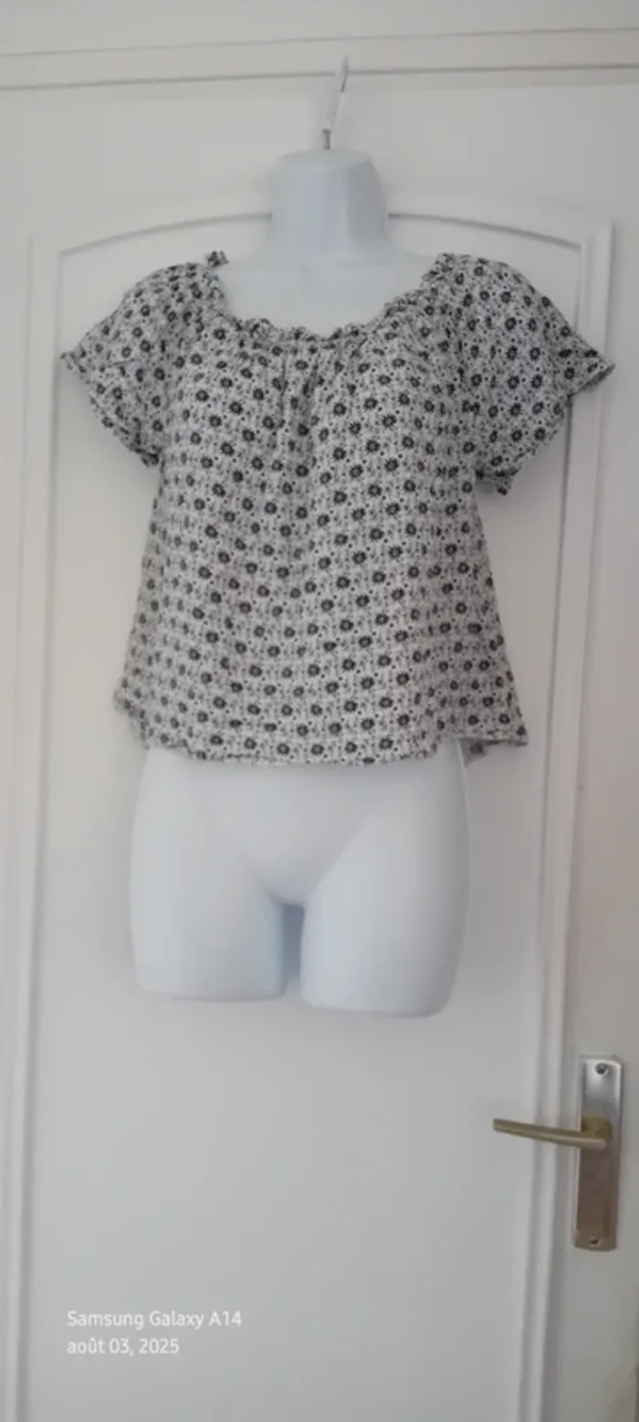 Blouse courte large col Bardot elastique potif fleurs bleu femme 38 clockhouse - photo numéro 12