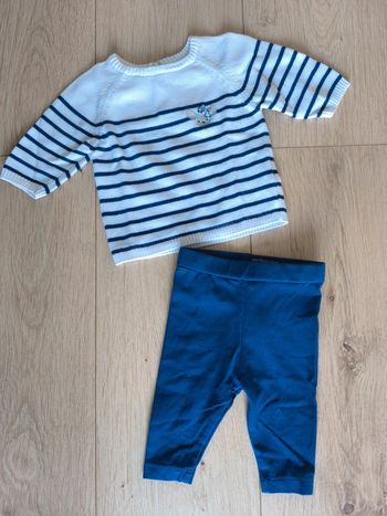 Ensemble Vertbaudet fille pull marinière + pantalon/legging bleu marine - Taille 1 mois + 54 cm