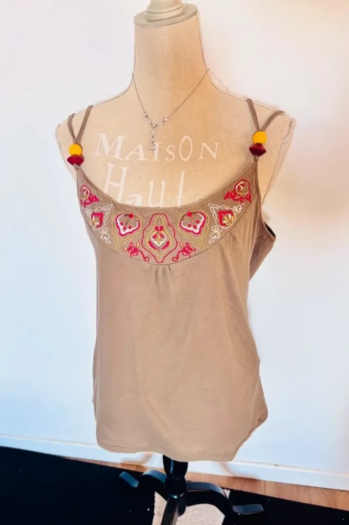 💕 blouse kaki d’été doublé bretelles avec perles taille 42 xl #camaieu