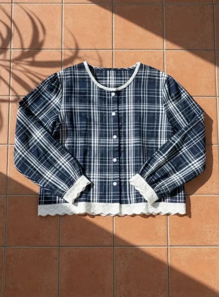 Blouse à carreaux, manches longues, boutons, taille M, style rétro romantique