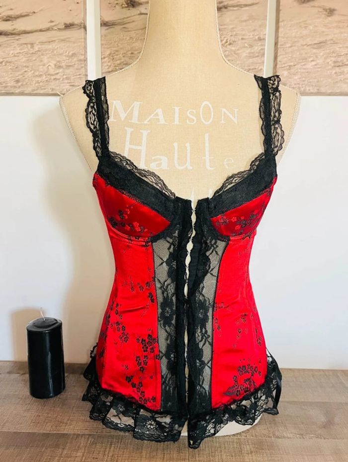 💕 corset bustier rouge avec fleurs et dentelle noire taille 36 s