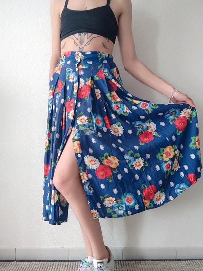 Jupe longue évasée bleu fleur multicolore vintage 70-80 / René Derhy - 34/XS à 36/S - photo numéro 3