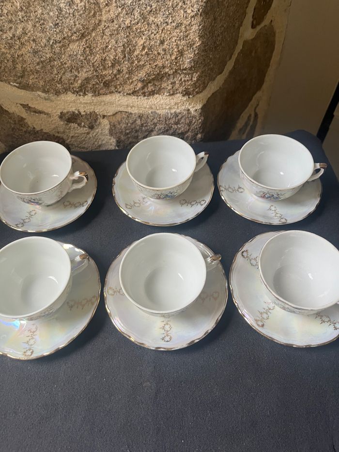 Magnifique Lot de 6 tasses et 6 sous tasses Porcelaine Italy nacrée Vintage - photo numéro 8