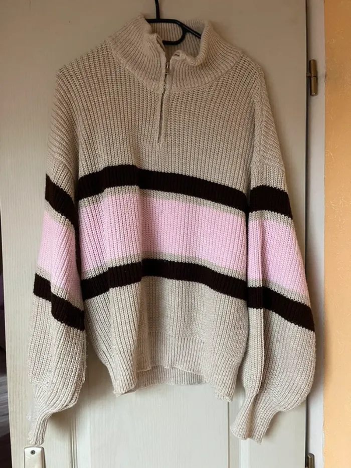 Pull col camionneur rayé tricolore beige - photo numéro 7