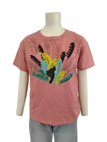 T-shirt couleur bois de rose col rond motif feuille (A995)