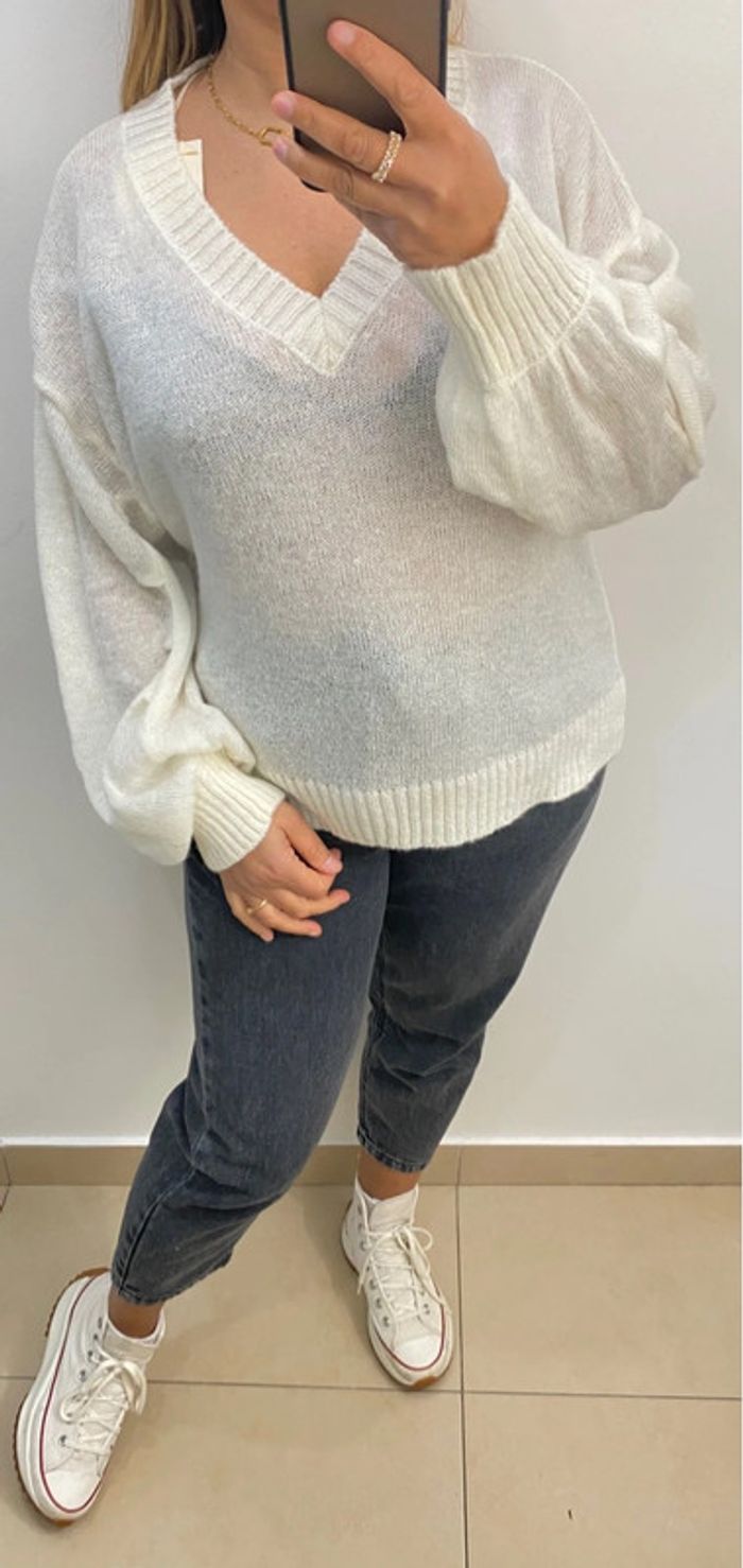 Superbe Pull Crème Maille Fine Col V Taille Unique - photo numéro 5