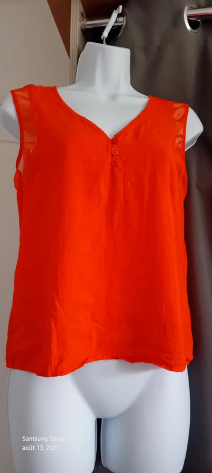 Blouse sans manches bimatiere col V boutonné gaufré orange femme 38 naf naf - photo numéro 10
