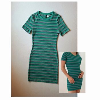 Robe t-shirt courte moulante verte lignée manche courte S 36 h&m