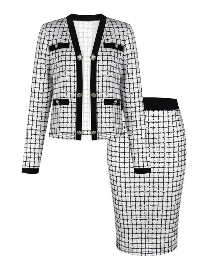 Ensemble deux pièces comprenant un manteau élégant
à carreaux avec un col ouvert et des manches longues, associé à une jupe à taille élastique. Taille s - photo numéro 1